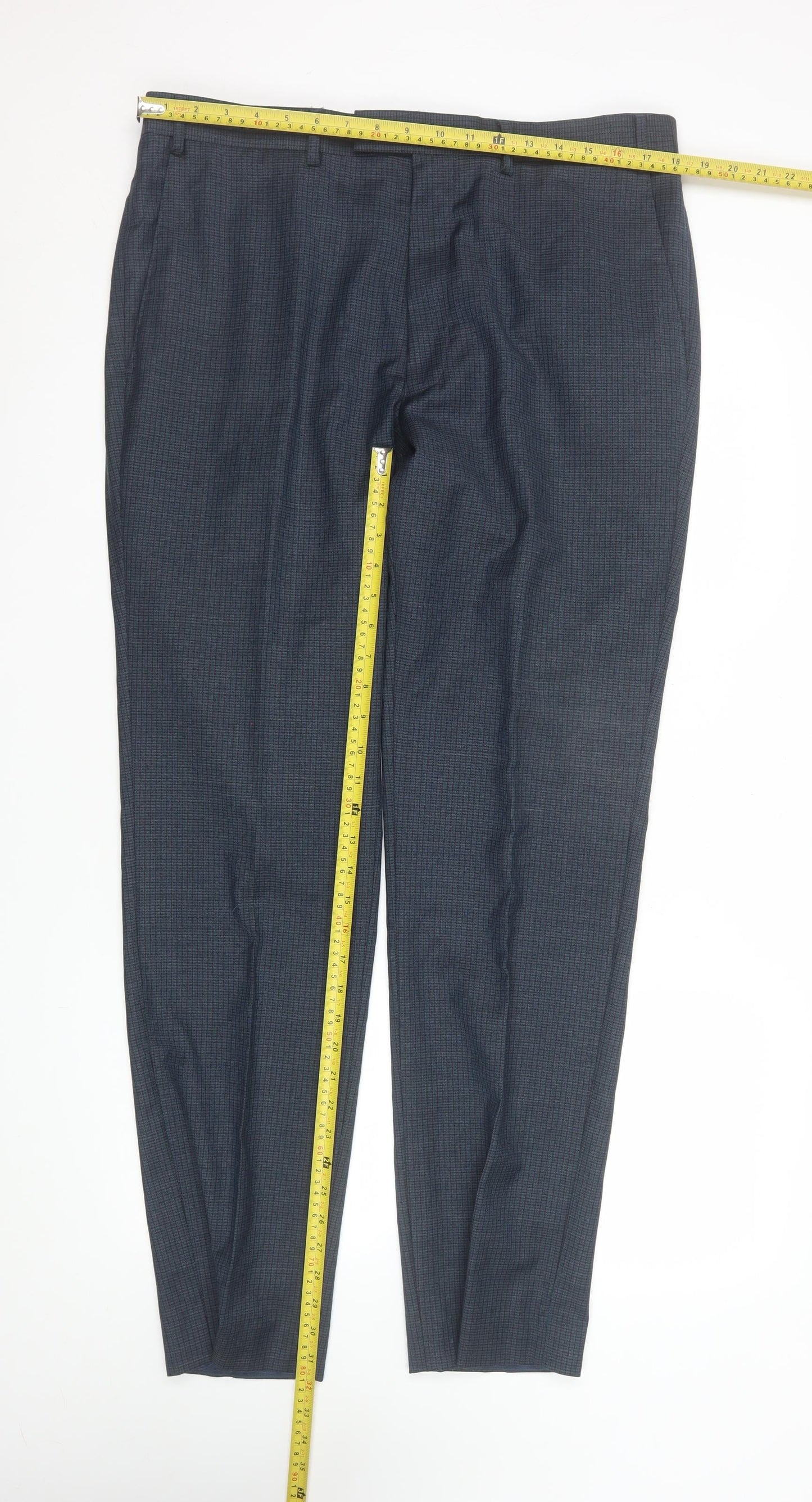 Kin by John Lewis Men's Blue Check Wool Blend Dress Trousers Size 36L