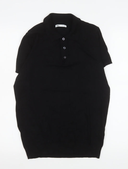 Zara Men Black Cotton Short Sleeve Polo Shirt Size S Regular Fit