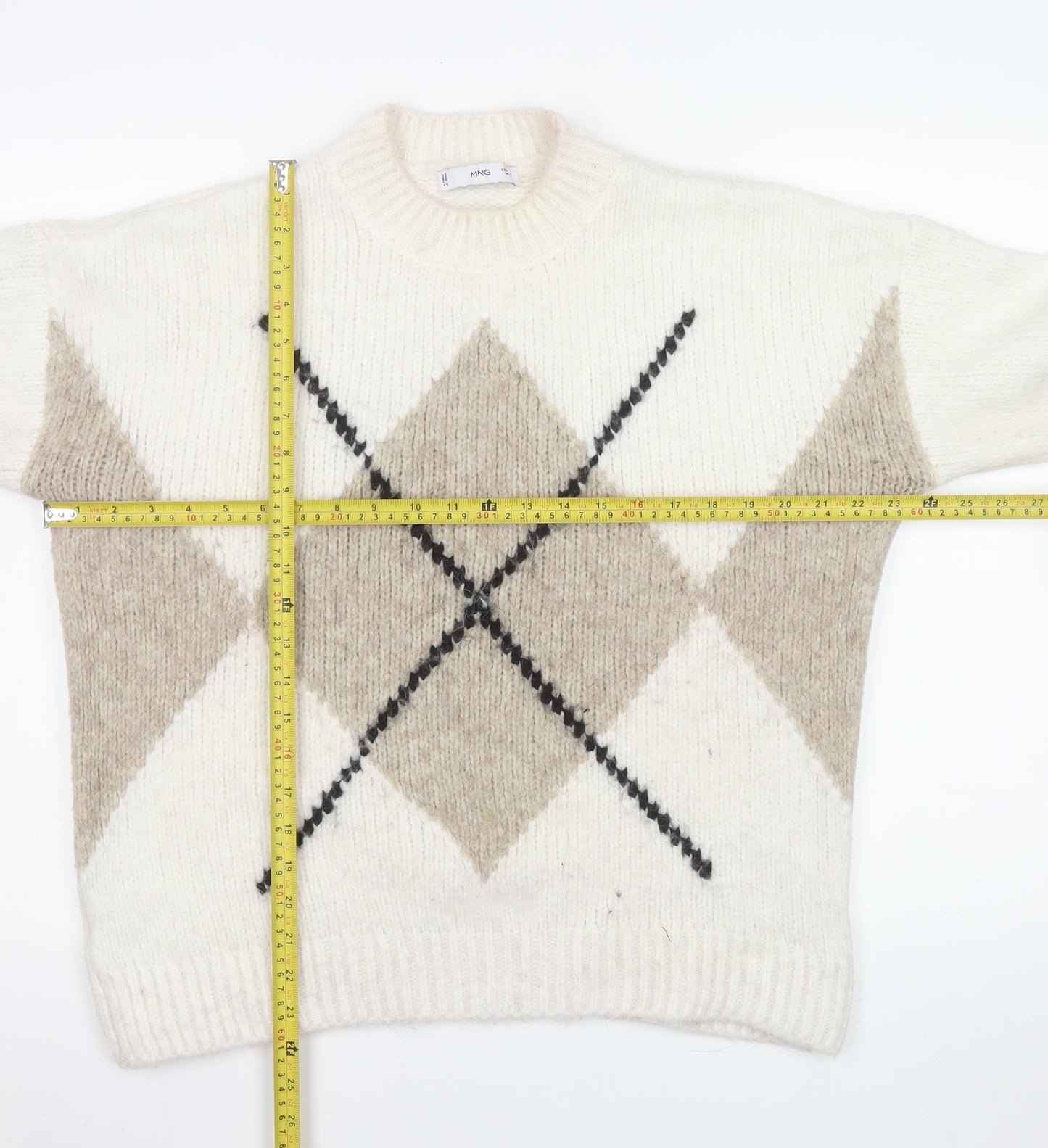 MNG Women's Beige Argyle Wool Blend Pullover Jumper Size L