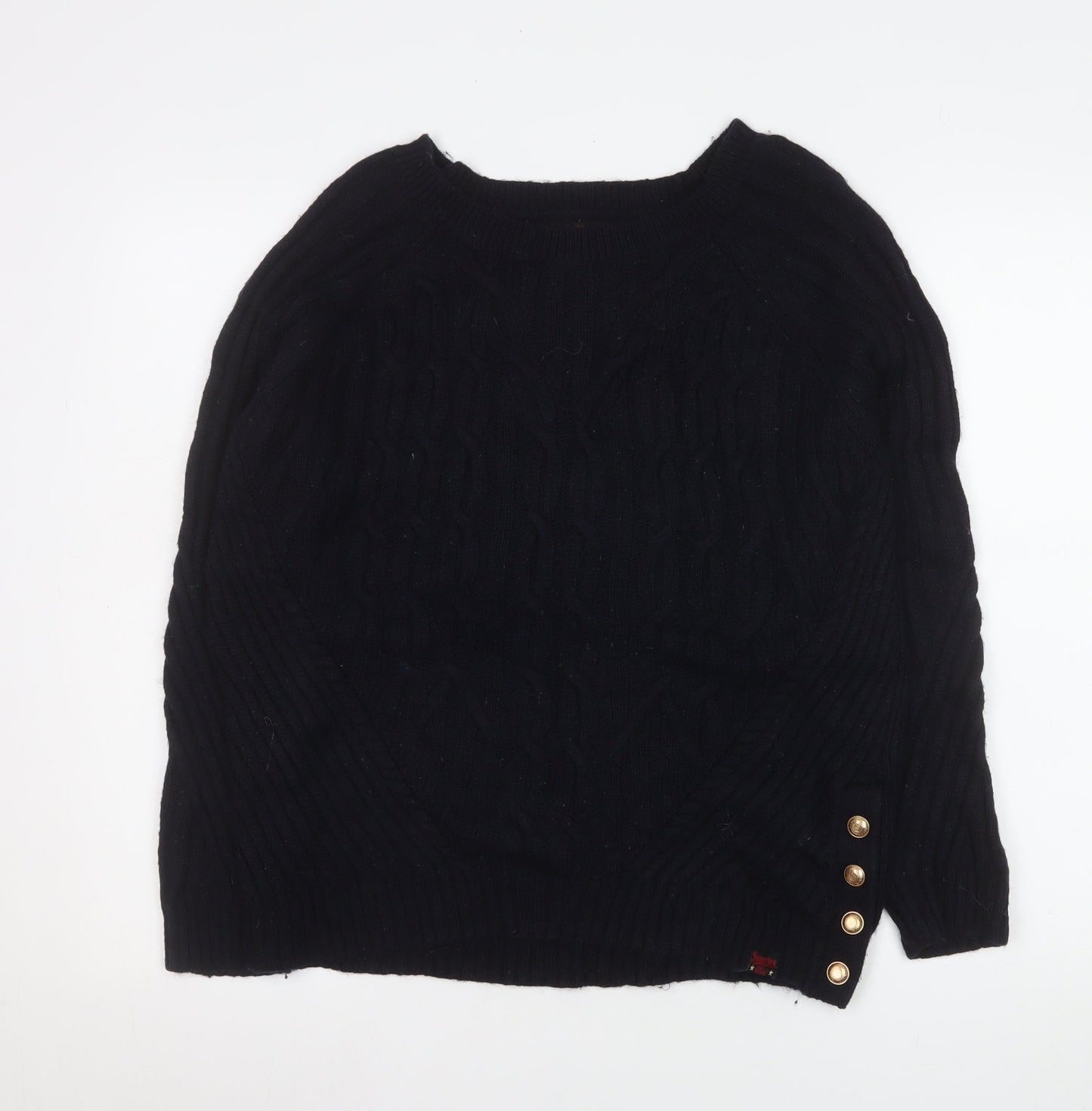 Superdry Women's Black Cable Knit Button Pullover Jumper UK 12