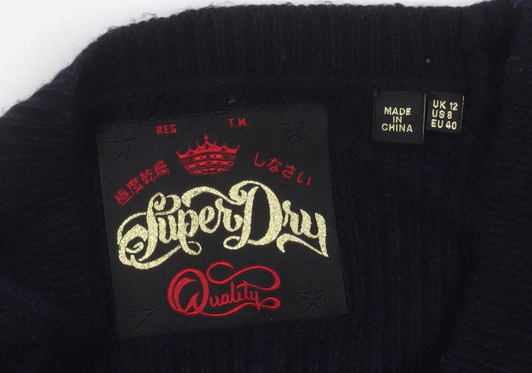 Superdry Women's Black Cable Knit Button Pullover Jumper UK 12