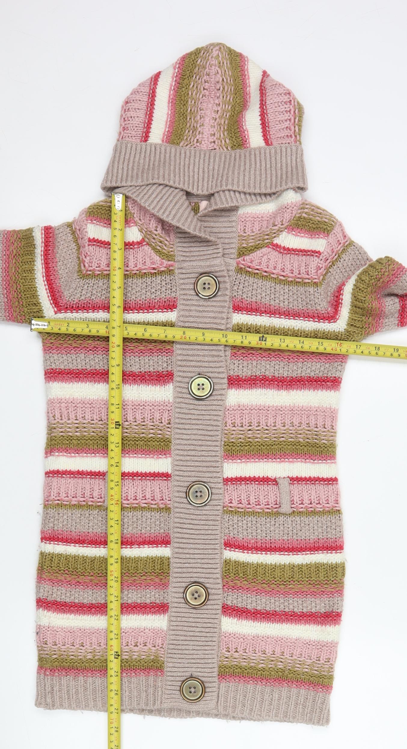 Next Girls Multicoloured Hooded Cardigan 11-12 Years Striped Knit Button Front