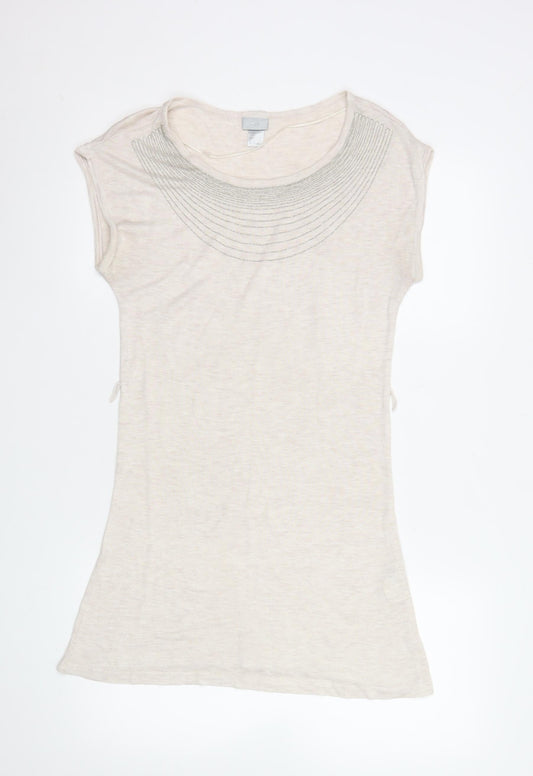 H&M Women Beige Beaded Crew Neck Short Sleeve Top Size S