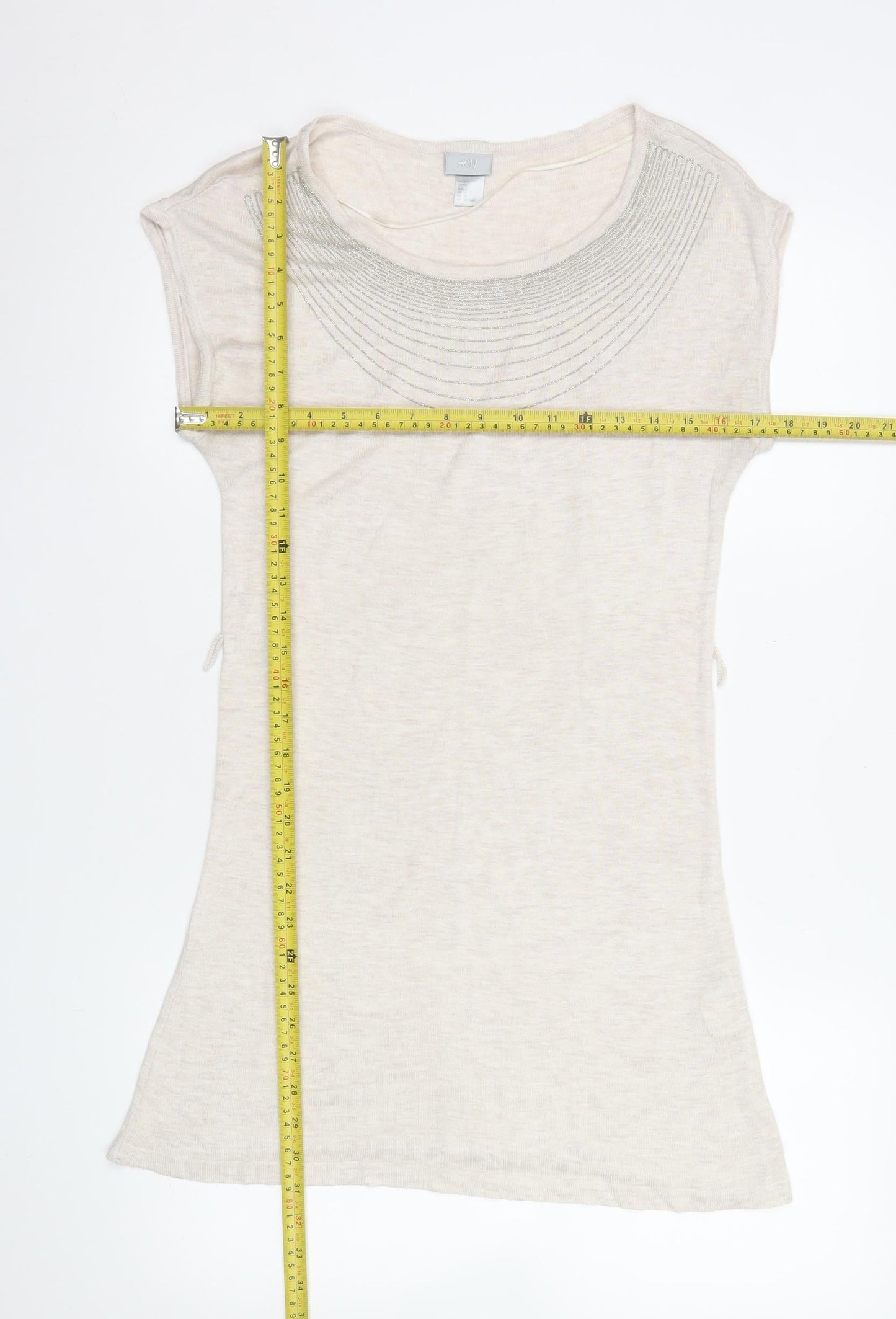 H&M Women Beige Beaded Crew Neck Short Sleeve Top Size S