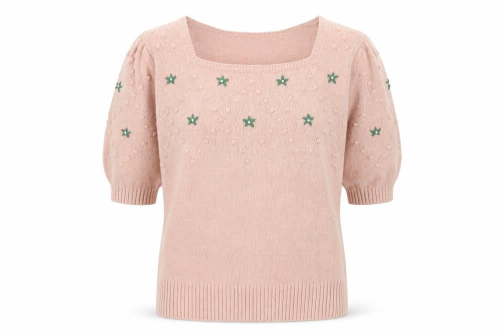 Monoprix Women's Pink Square Neck Short Puff Sleeve Cotton Jumper Size S