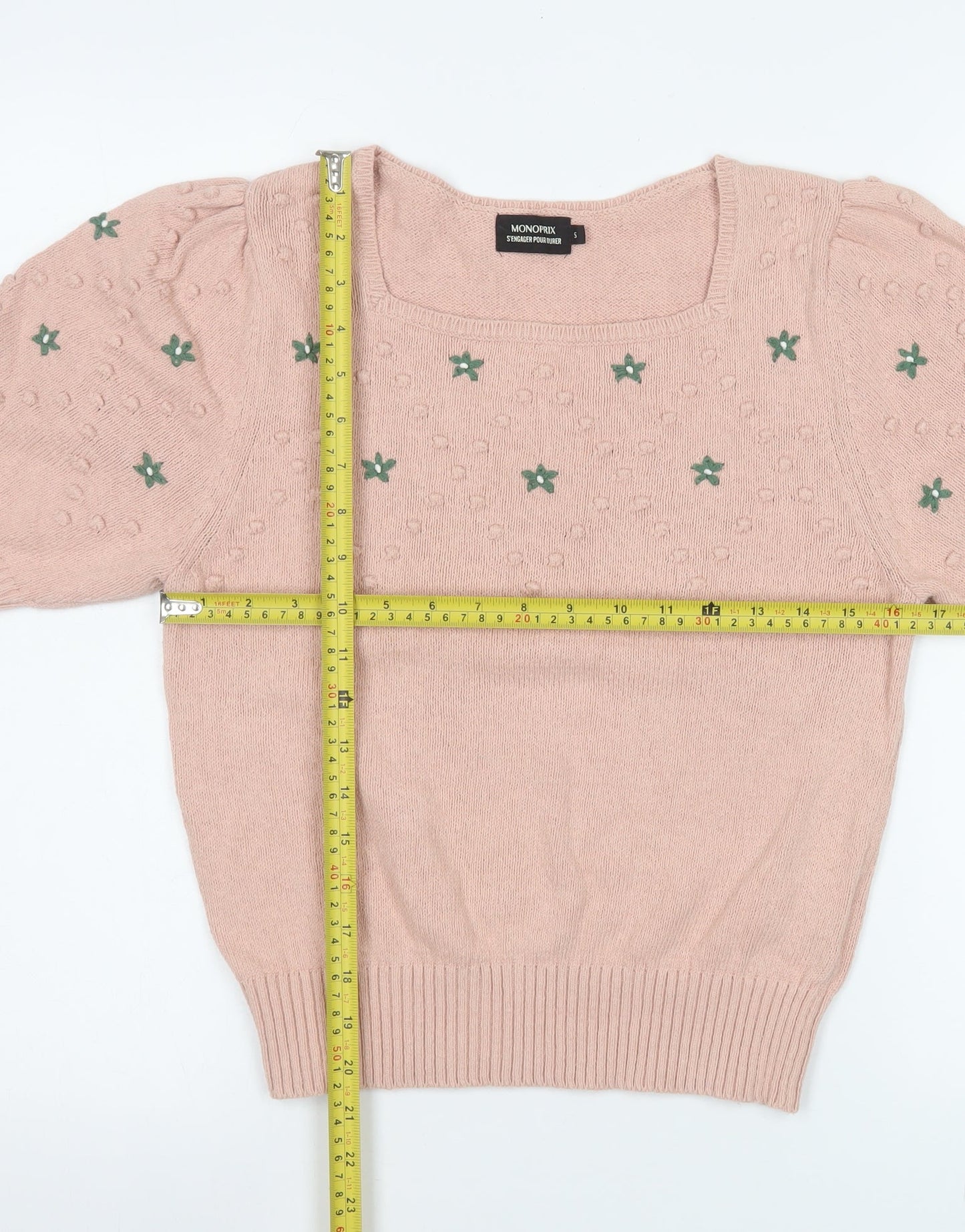 Monoprix Women's Pink Square Neck Short Puff Sleeve Cotton Jumper Size S