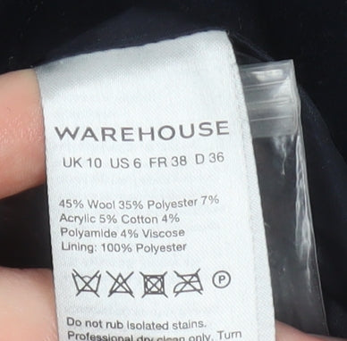 Warehouse Women's Black Wool Pea Coat Size 10 Classic Mid-Length