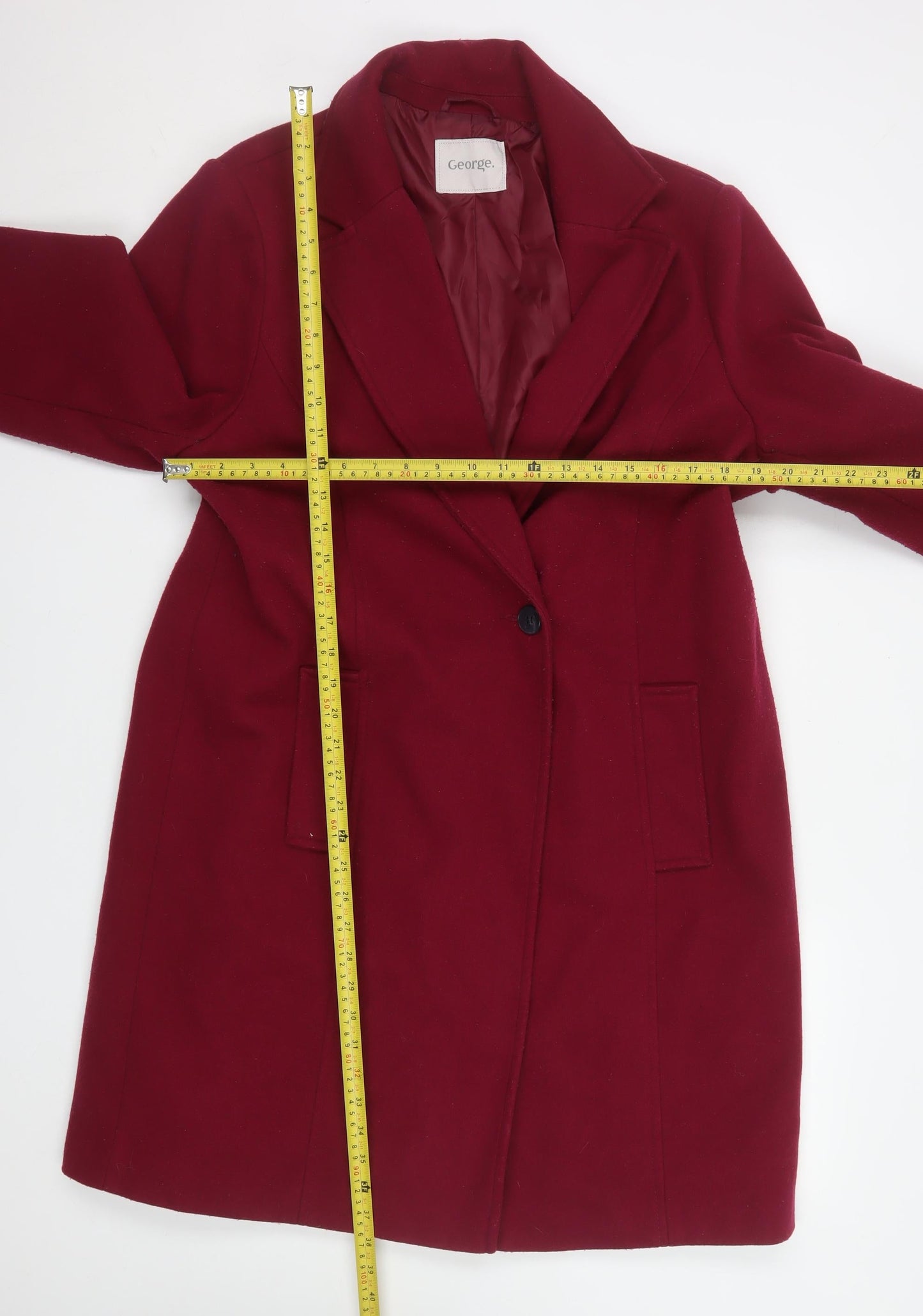 George Women Red Long Overcoat Coat Size 18 Polyester Lined Single-Breasted