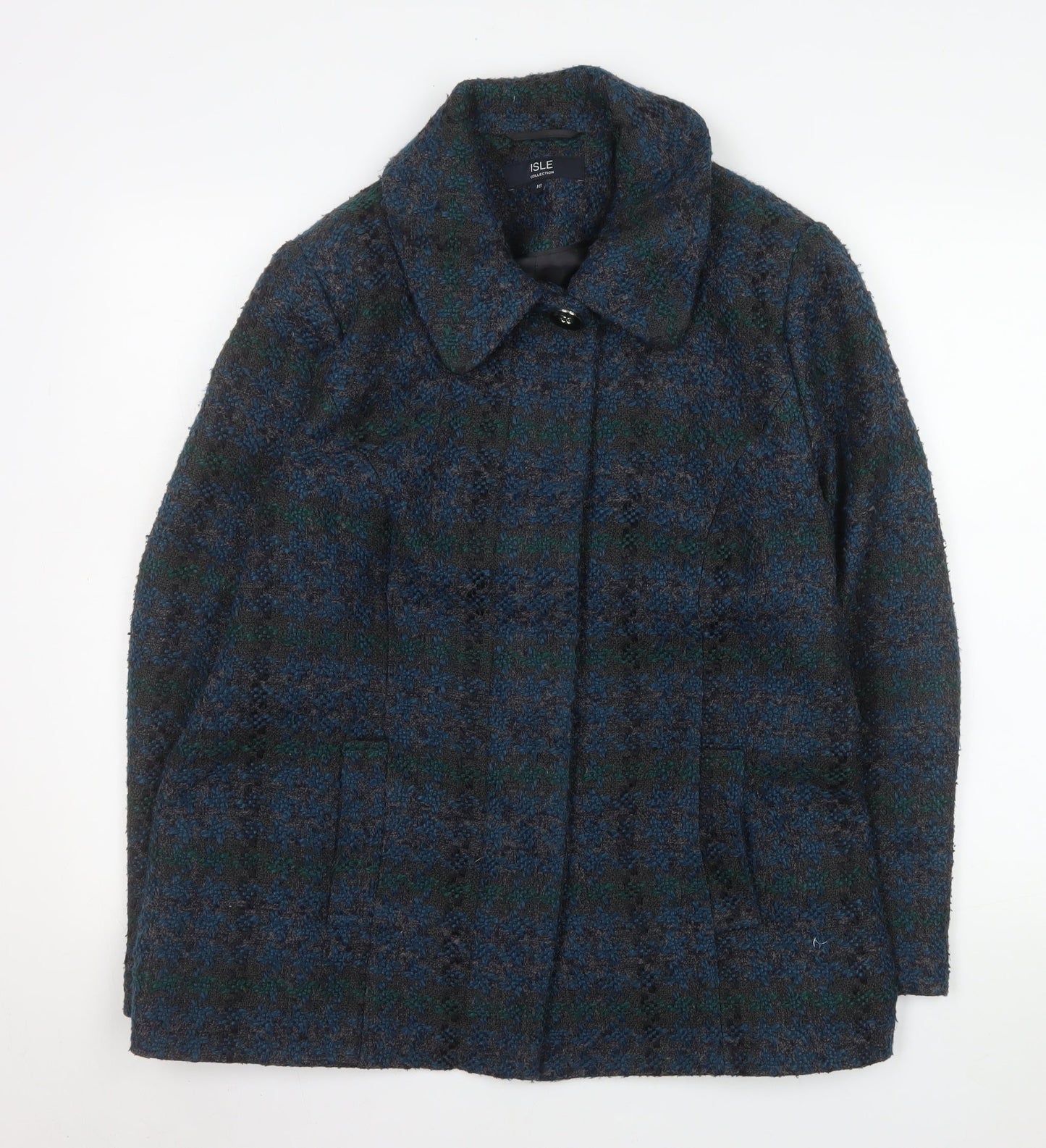 Isle Collection Women's Blue Check Wool-Blend Mid-Length Coat Size 16