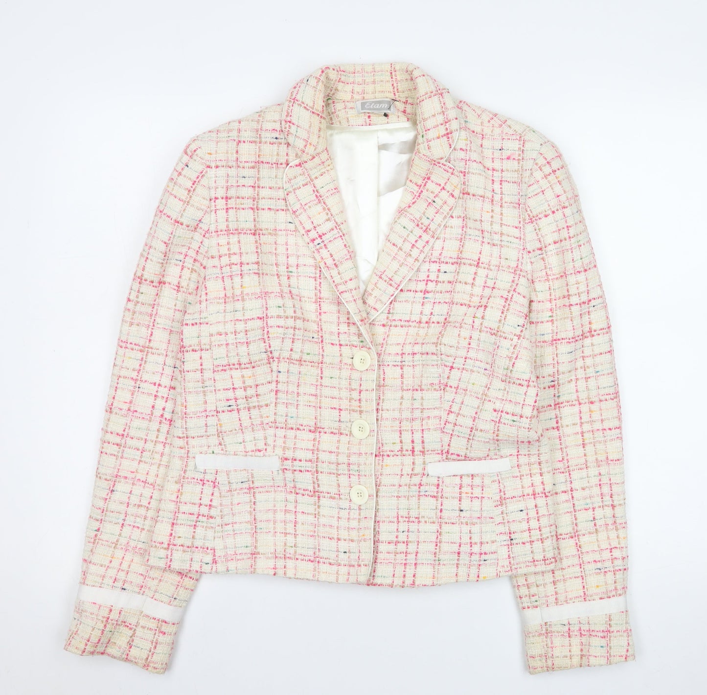 Etam Women Beige Pink Tweed Blazer Jacket UK 14 Bouclé Lined