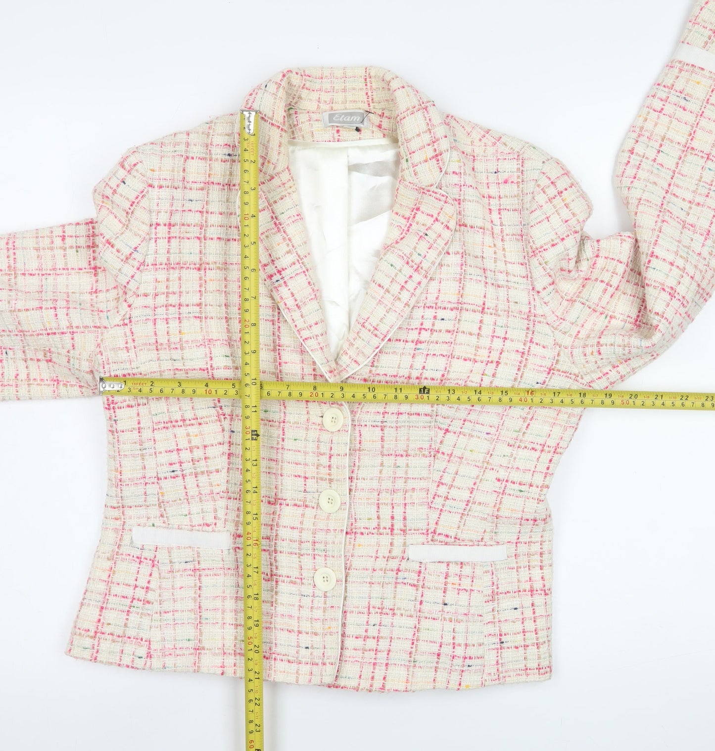 Etam Women Beige Pink Tweed Blazer Jacket UK 14 Bouclé Lined