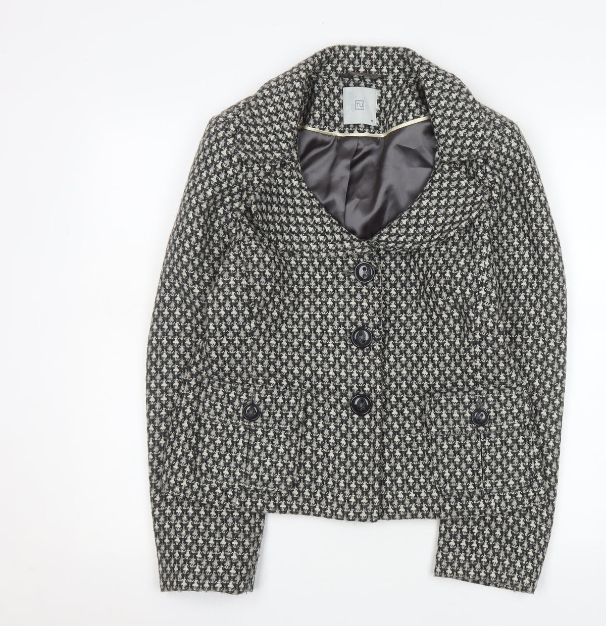 TU Women Black & White Houndstooth Blazer Size 12 Wool Blend Lined Jacket
