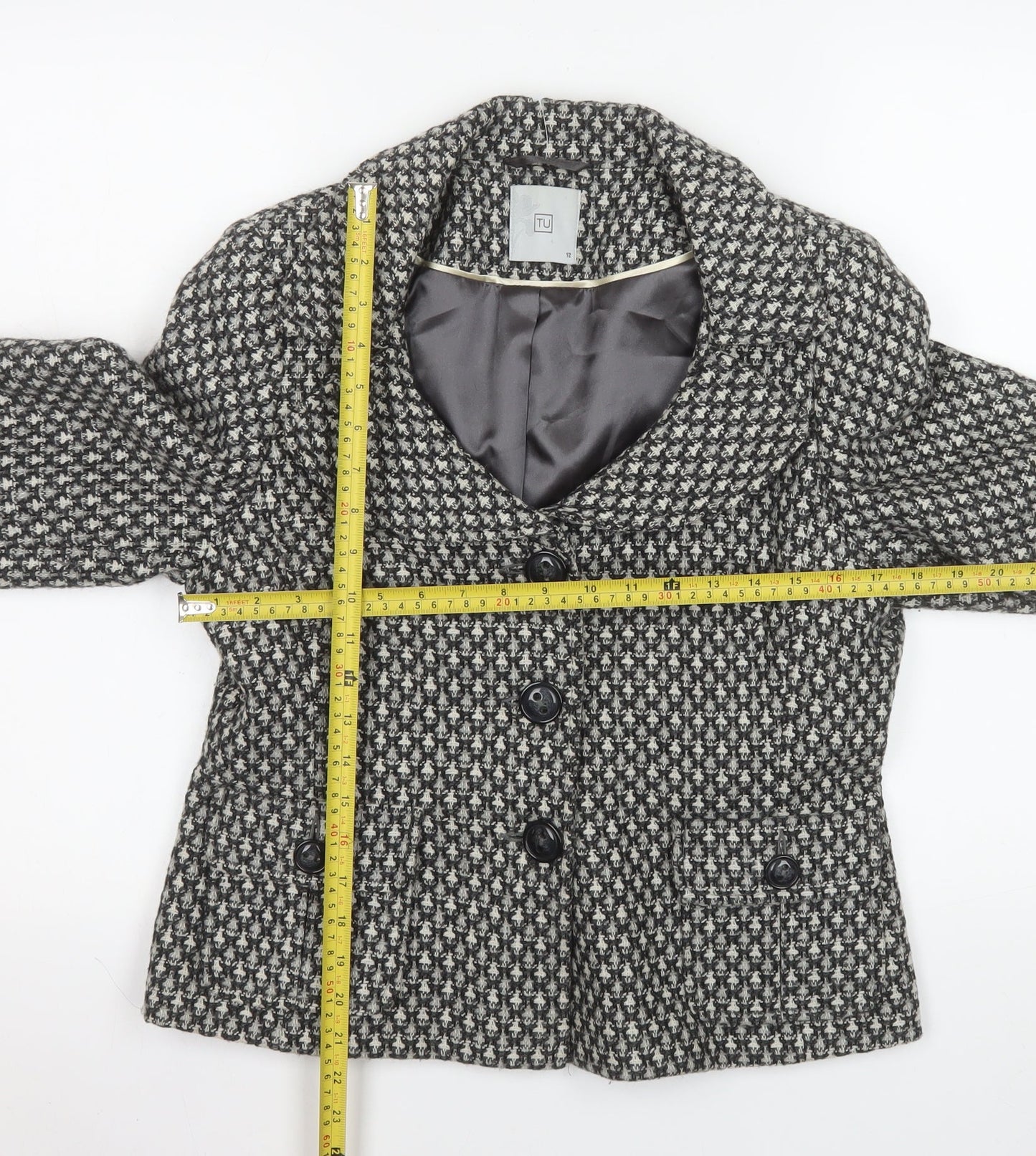 TU Women Black & White Houndstooth Blazer Size 12 Wool Blend Lined Jacket