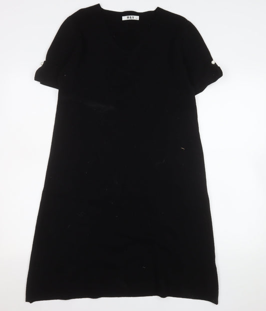 M&V Women Black L Knit Shift Dress V-Neck Short Sleeve