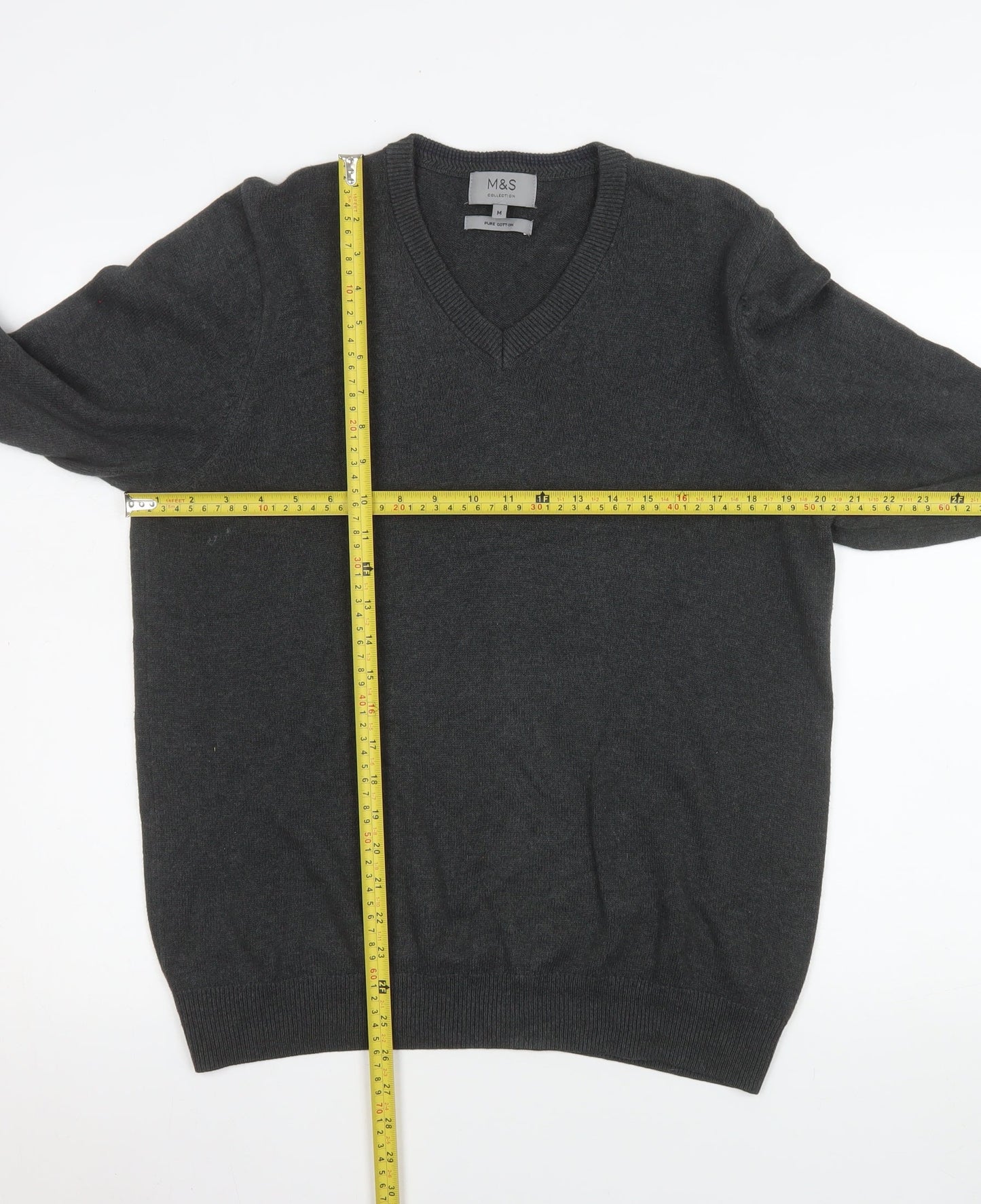 Marks and Spencer Men's Grey Cotton V-Neck Jumper M