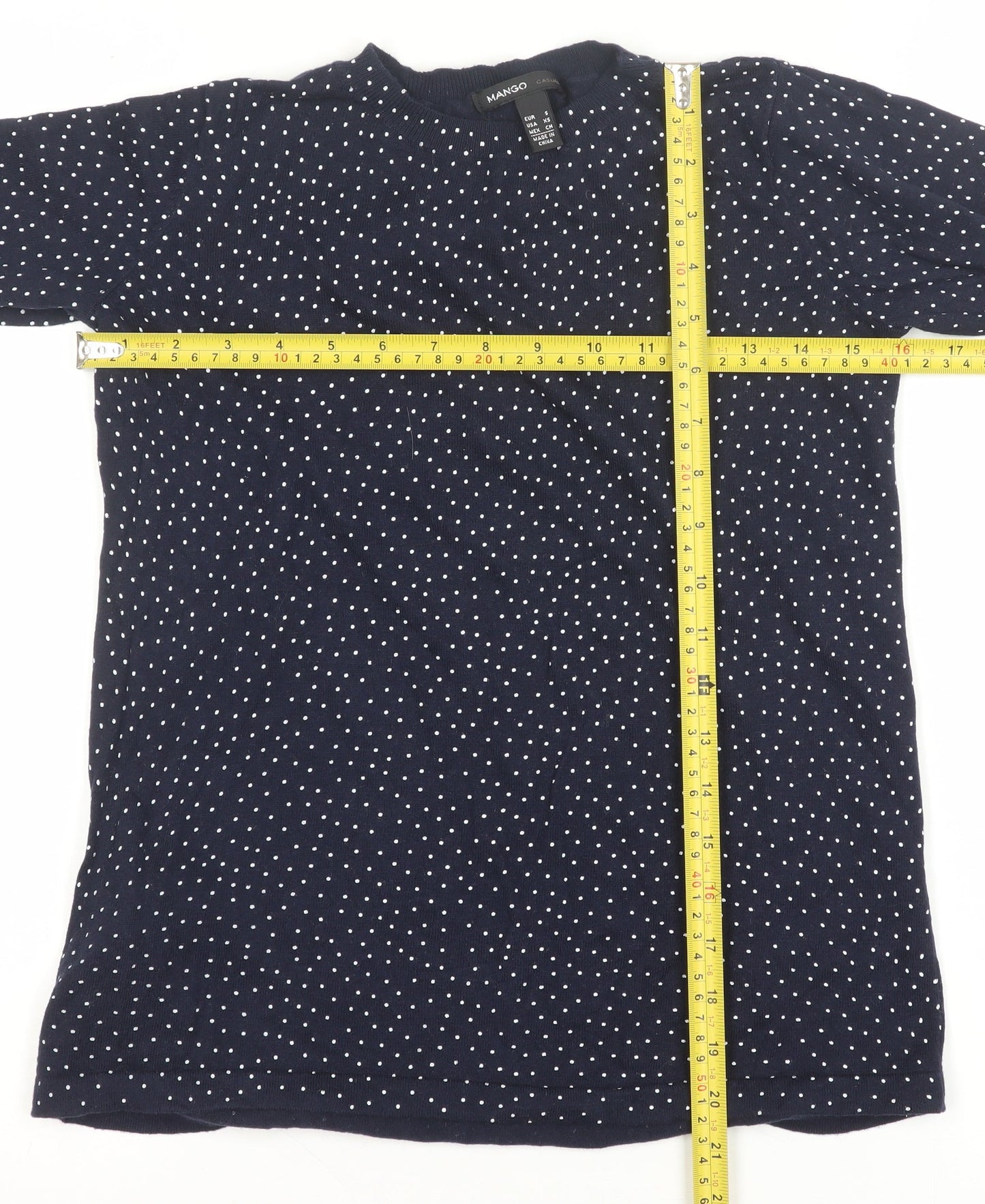 Mango Women Blue Polka Dot Cotton Crew Neck Jumper Size S