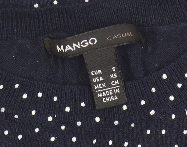 Mango Women Blue Polka Dot Cotton Crew Neck Jumper Size S