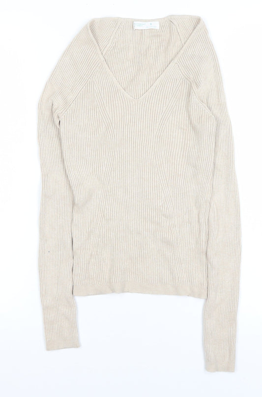 Primark Women Beige V-Neck Ribbed Knit Long Sleeve Top Size S