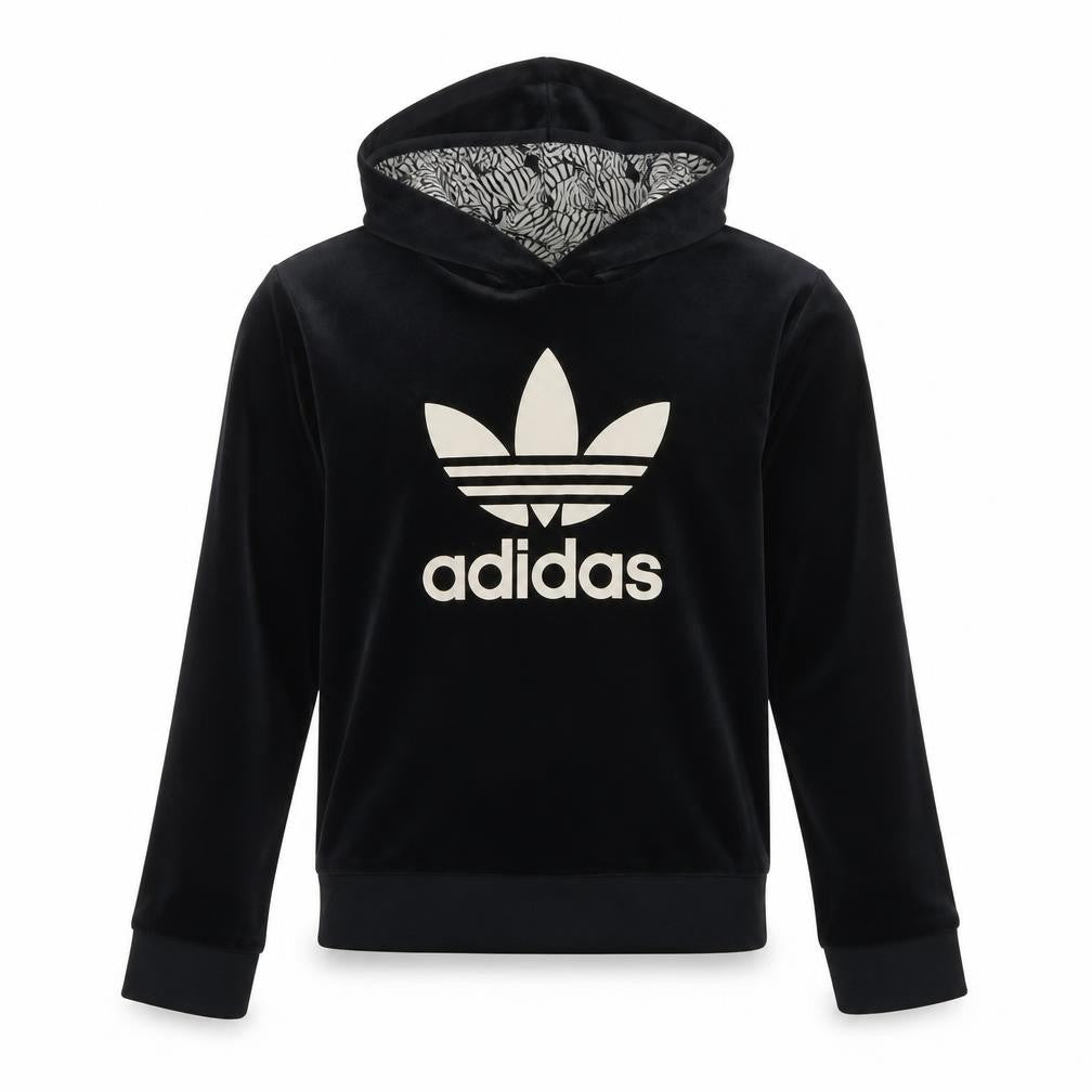 Adidas Girls Black Velvet Pullover Hoodie 13-14 Years Logo Hooded Sweatshirt