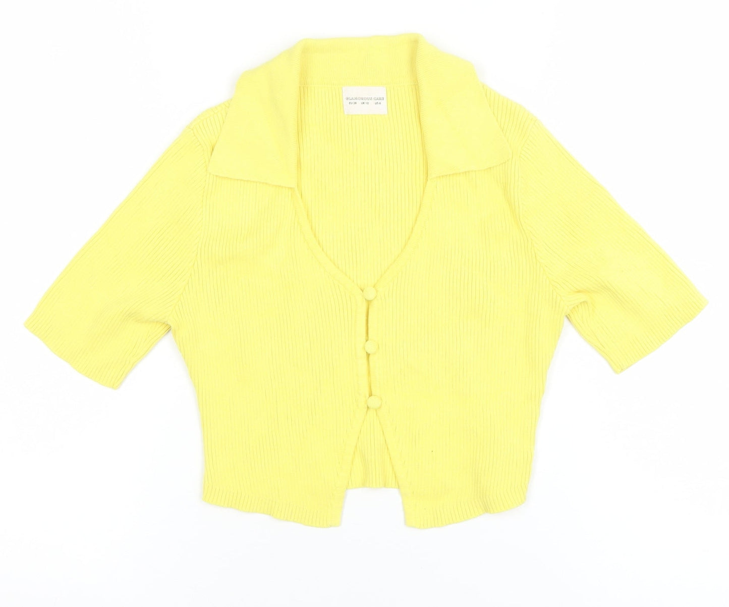Glamorous Care Women's Yellow Cropped Button-Up Knit Top UK 10