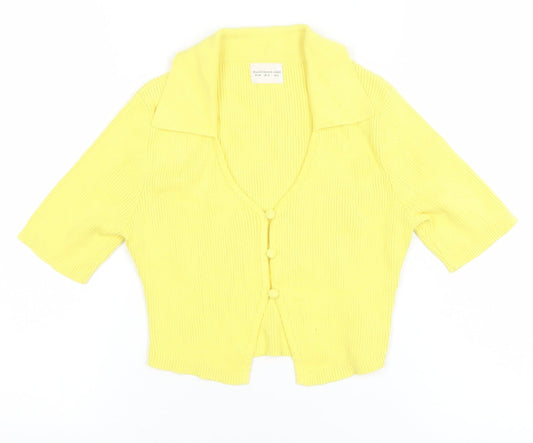 Glamorous Care Women's Yellow Cropped Button-Up Knit Top UK 10