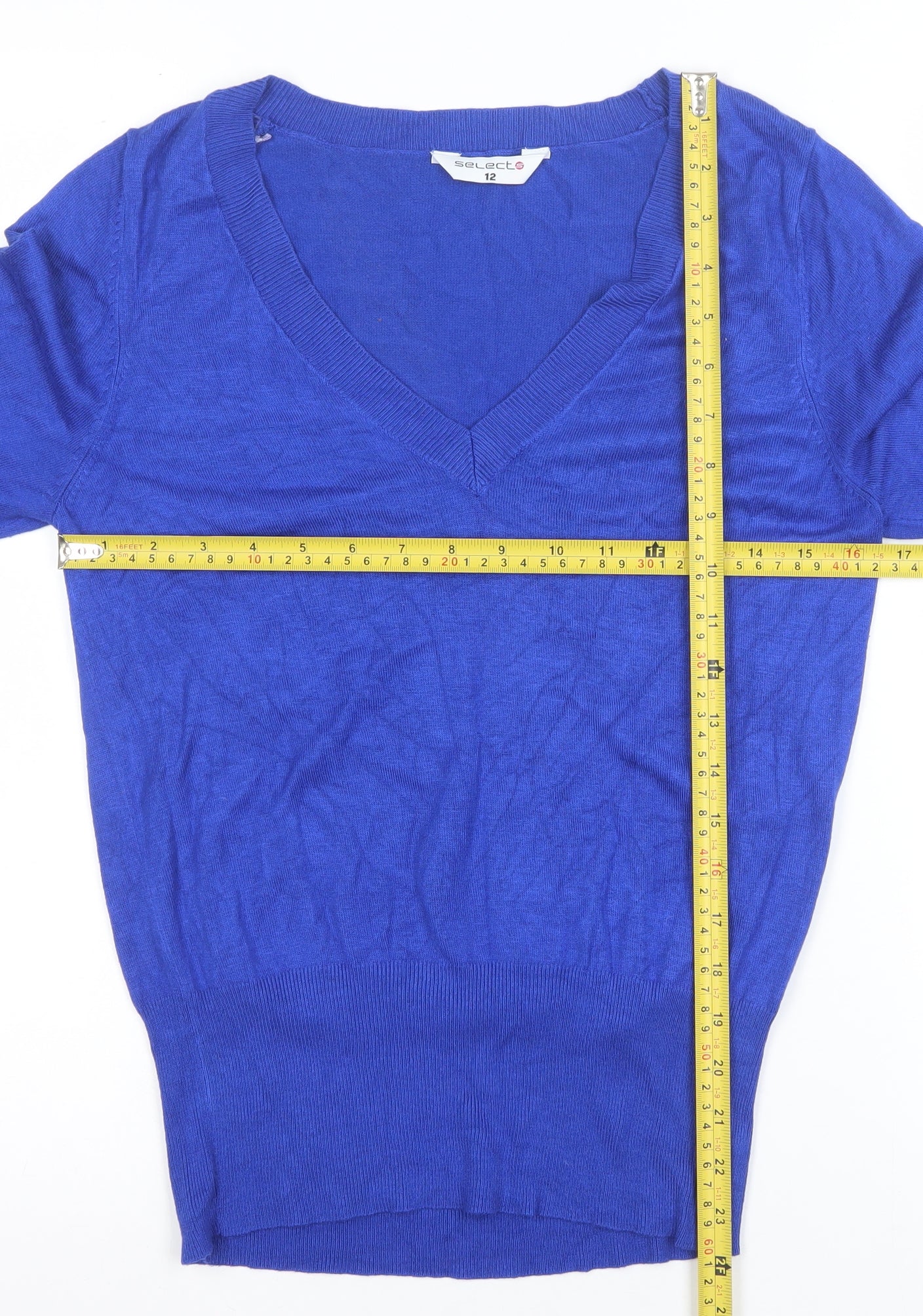Select Women's Blue V-Neck 3/4 Sleeve Pullover Jumper Size 12