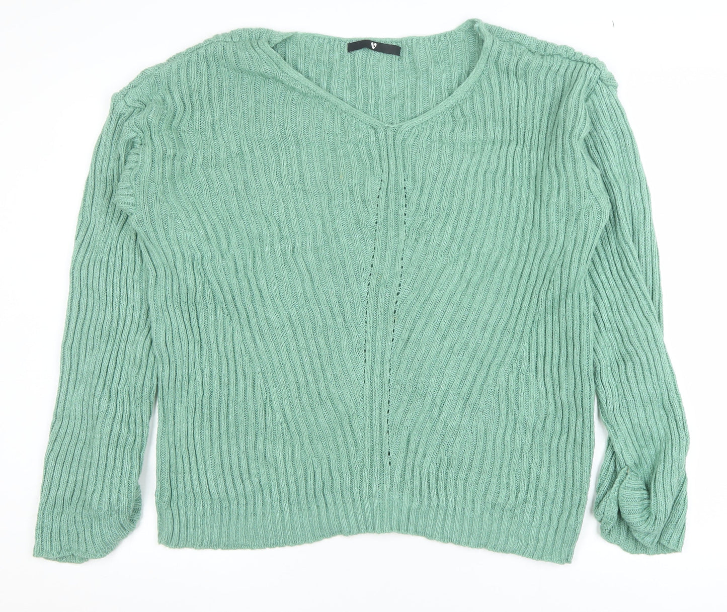 Very Women Green Ribbed V-Neck Pullover Jumper Size 16