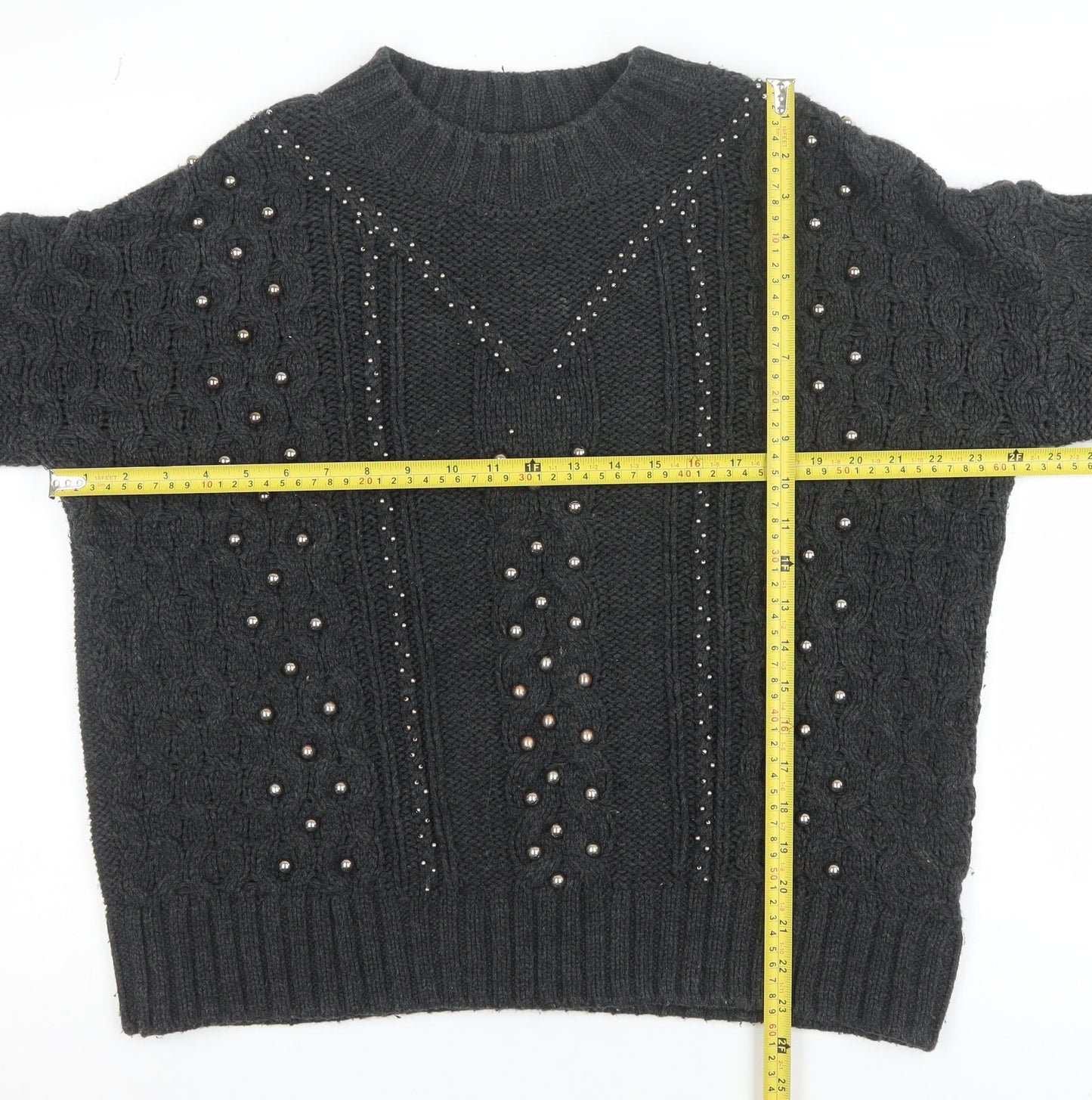 H&M Women Black Beaded Cable Knit High Neck Jumper Size 12