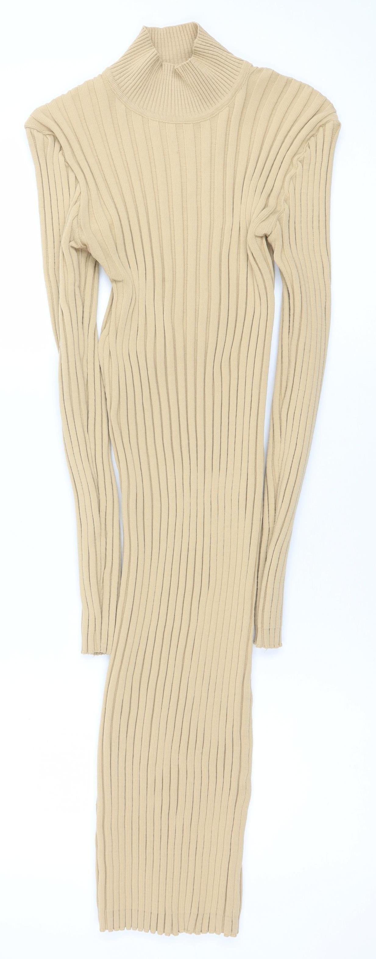 PrettyLittleThing Women Beige Ribbed Knit Bodycon Midi Dress L
