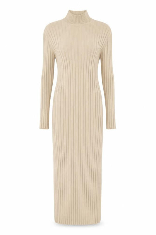 PRETTYLITTLETHING Women Beige Ribbed Knit Bodycon Midi Dress L