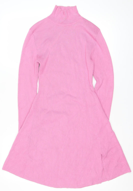 Zara Women Pink A-Line Knit High Neck Long Sleeve Dress Size 14