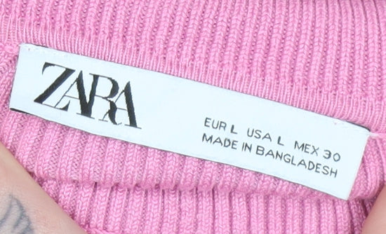 Zara Women Pink A-Line Knit High Neck Long Sleeve Dress Size 14