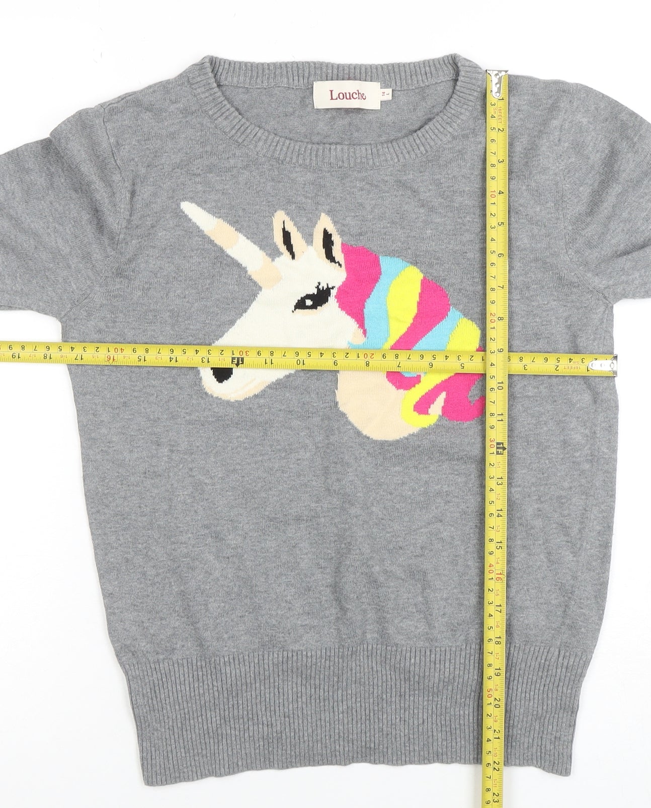 Louche Women’s Grey Unicorn Cotton Jumper Size 14 Crew Neck