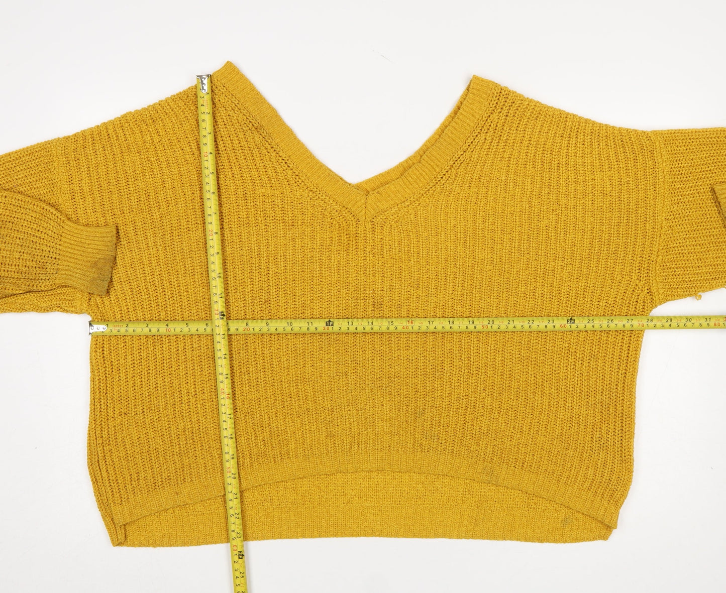 ZARA Women Yellow Chunky-Knit Wool Blend V-Neck Jumper Size S