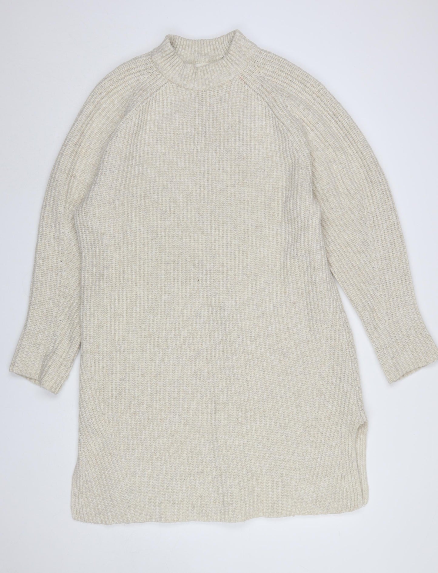H&M Women Beige Knitted Jumper Dress S Long Sleeve High Neck