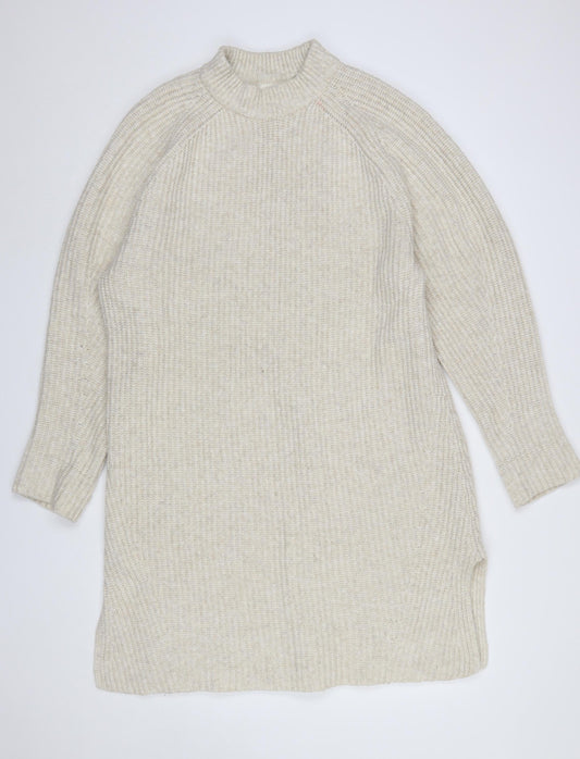 H&M Women Beige Knitted Jumper Dress S Long Sleeve High Neck