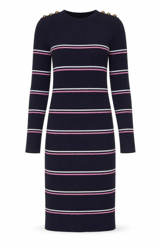 Next Women Blue Striped Bodycon Knit Long Sleeve Dress Size 8