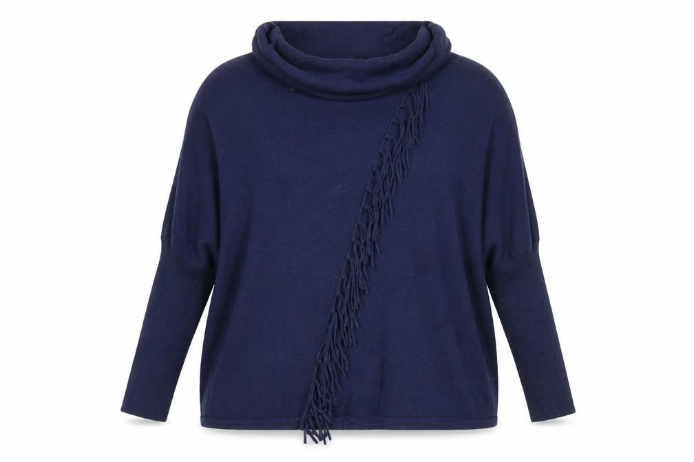 Marble Women Blue Cotton Cowl Neck Fringe Pullover Jumper Size 14