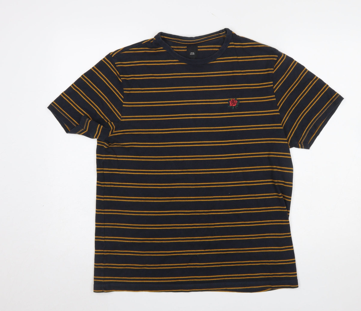 River Island Men's Blue Striped Rose Embroidered Cotton T-Shirt Size M
