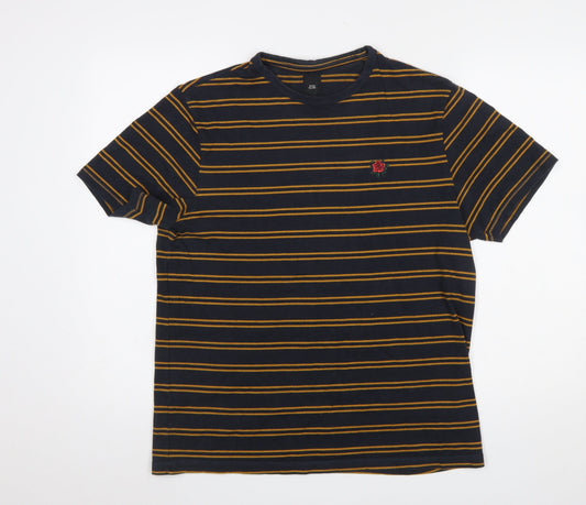 River Island Men's Blue Striped Rose Embroidered Cotton T-Shirt Size M