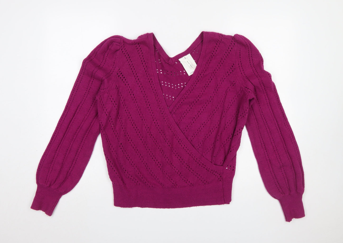 Thought Women Magenta Wrap Jumper Size 12 Cotton Blend Knit V-Neck Long Sleeve