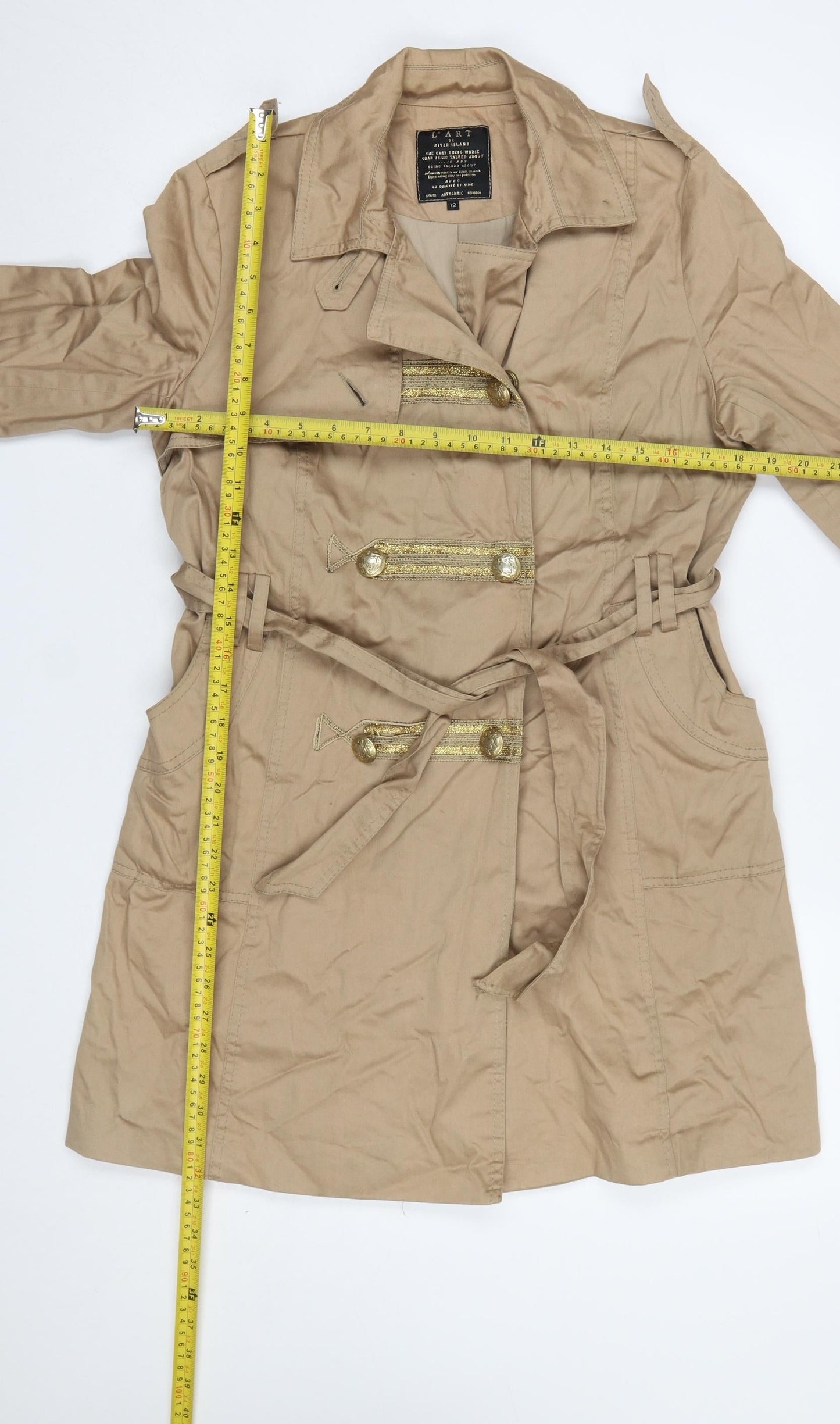 River Island Women Beige Trench Coat Size 12 Belted Mid-Length Classic Style