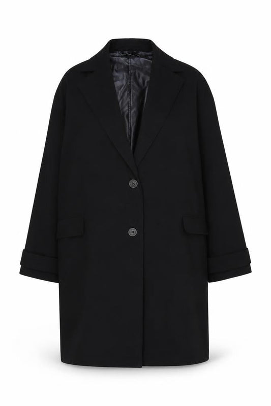 Zara Women Black Mid-Length Overcoat M Classic Buttoned Polyester