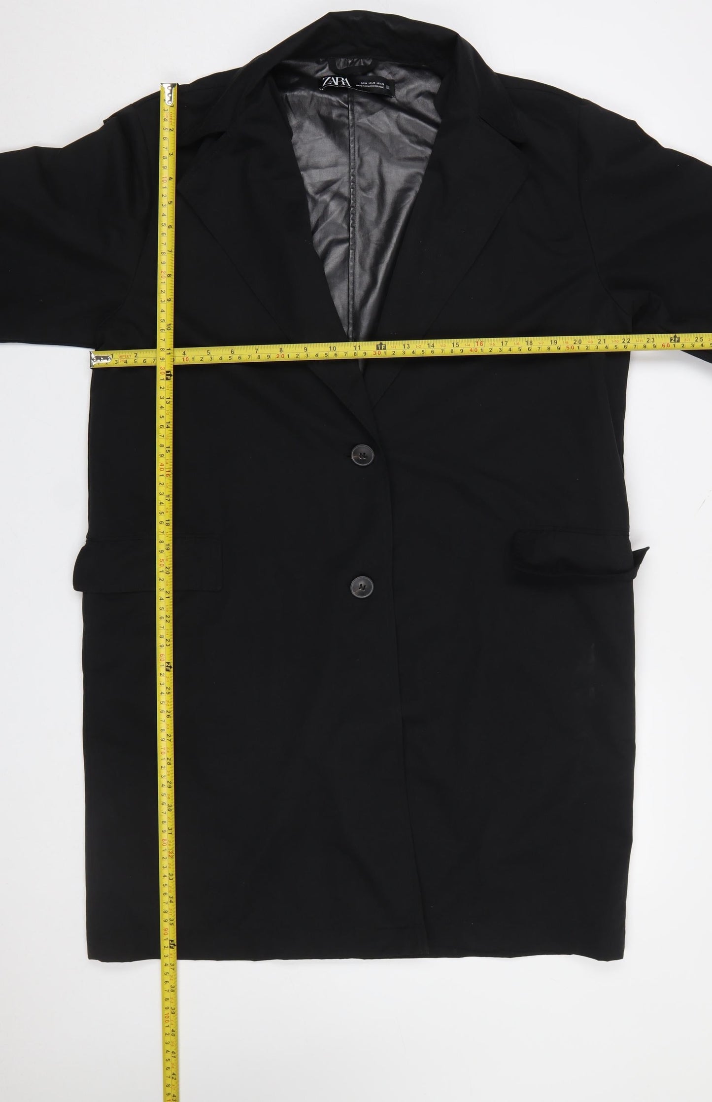 Zara Women Black Mid-Length Overcoat M Classic Buttoned Polyester