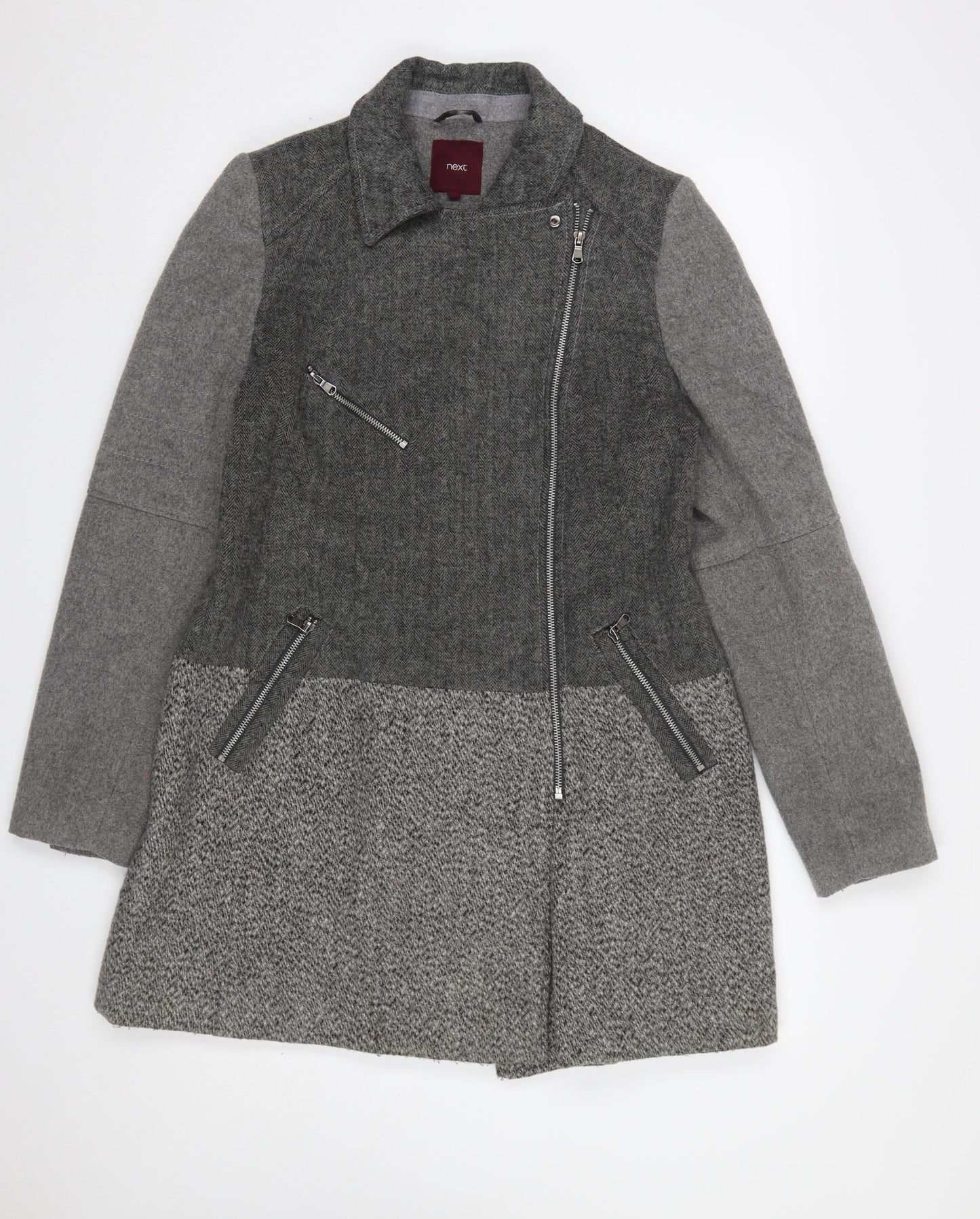 Next Women’s Grey Wool Blend Biker Coat Size 14 Zip Herringbone
