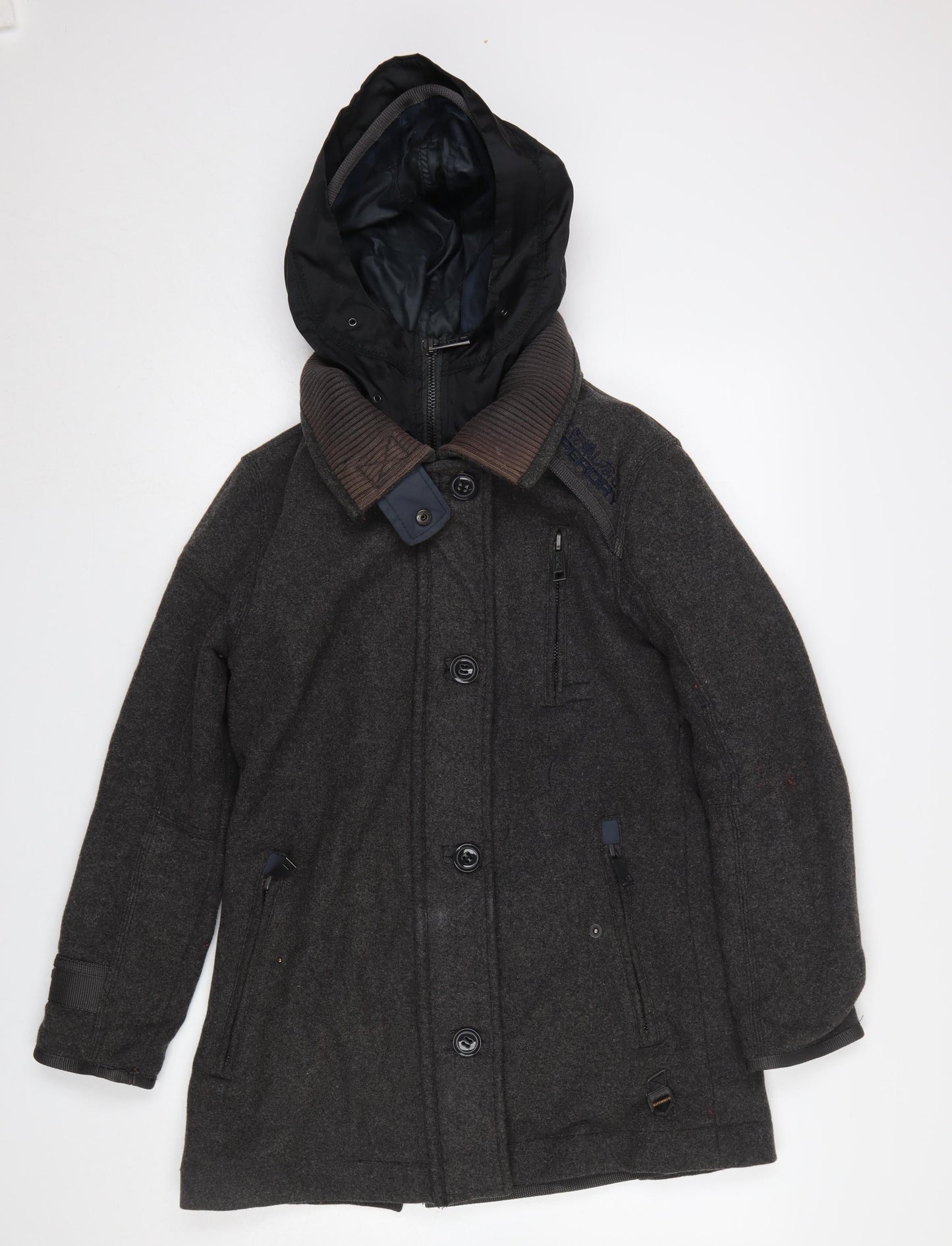 Superdry Men's Grey Wool Blend Hooded Overcoat XS