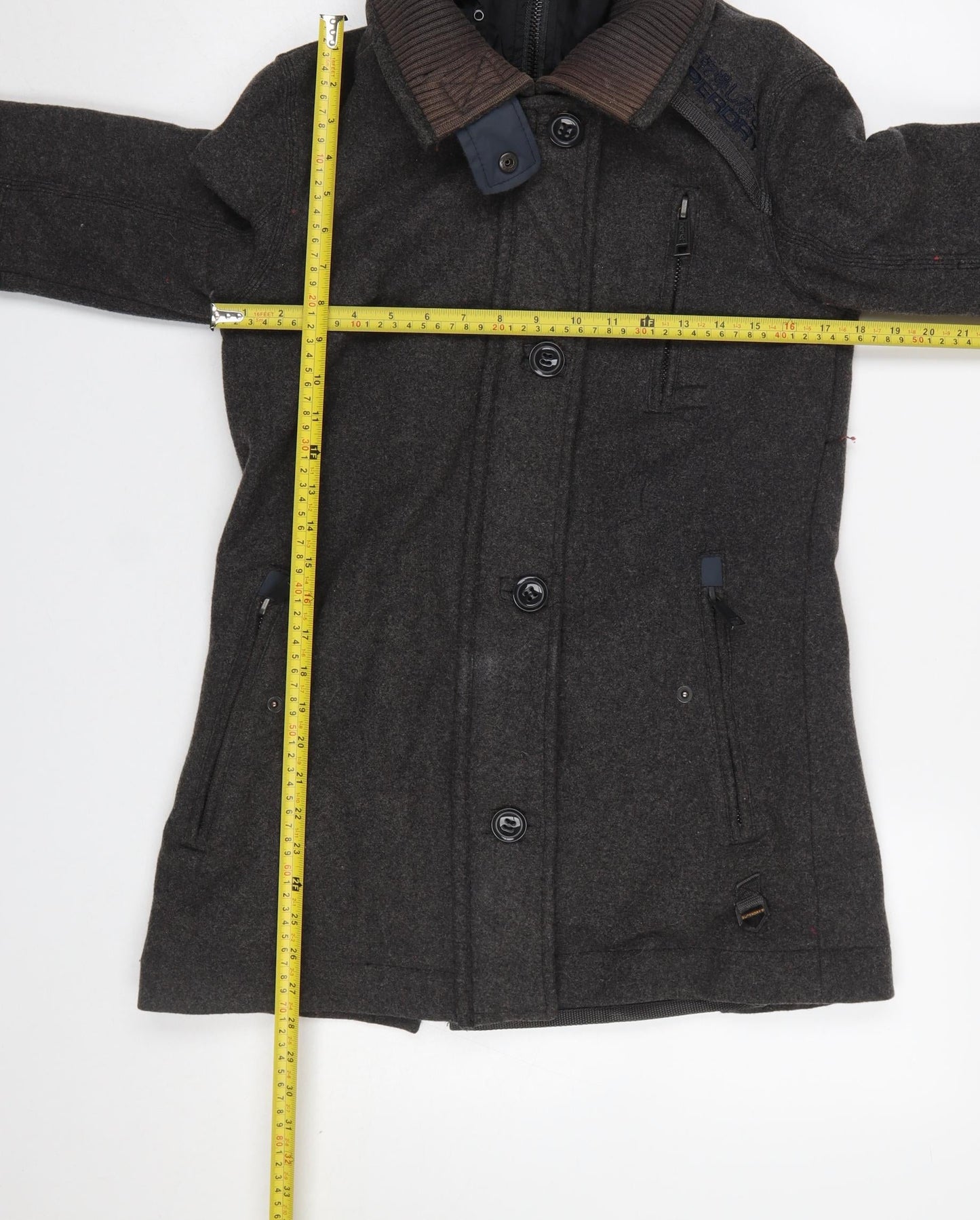 Superdry Men's Grey Wool Blend Hooded Overcoat XS