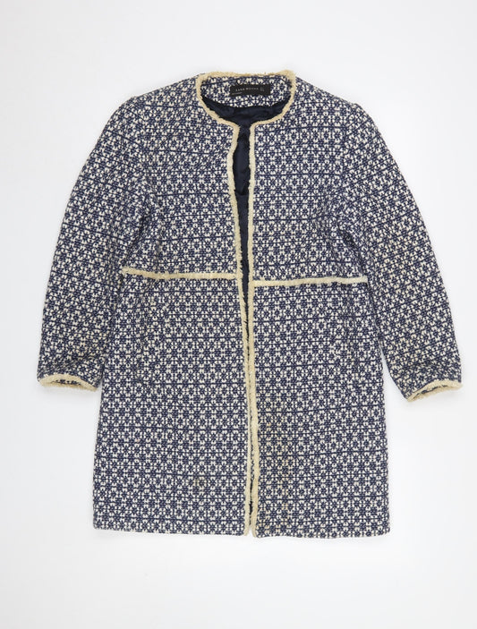 Zara Women Blue Tweed Mid-Length Coat Size 12 Fringe Detail