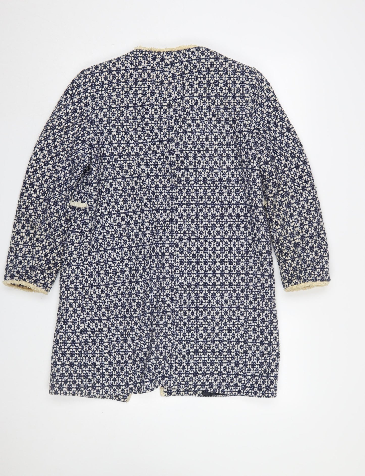 Zara Women Blue Tweed Mid-Length Coat Size 12 Fringe Detail