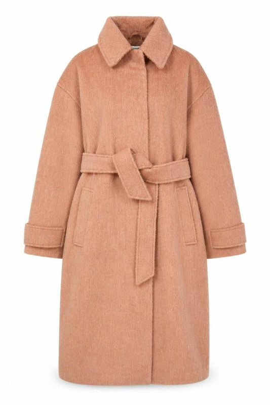Front view of ASOS Women Pink Wool Blend Belted Long Overcoat, size 10